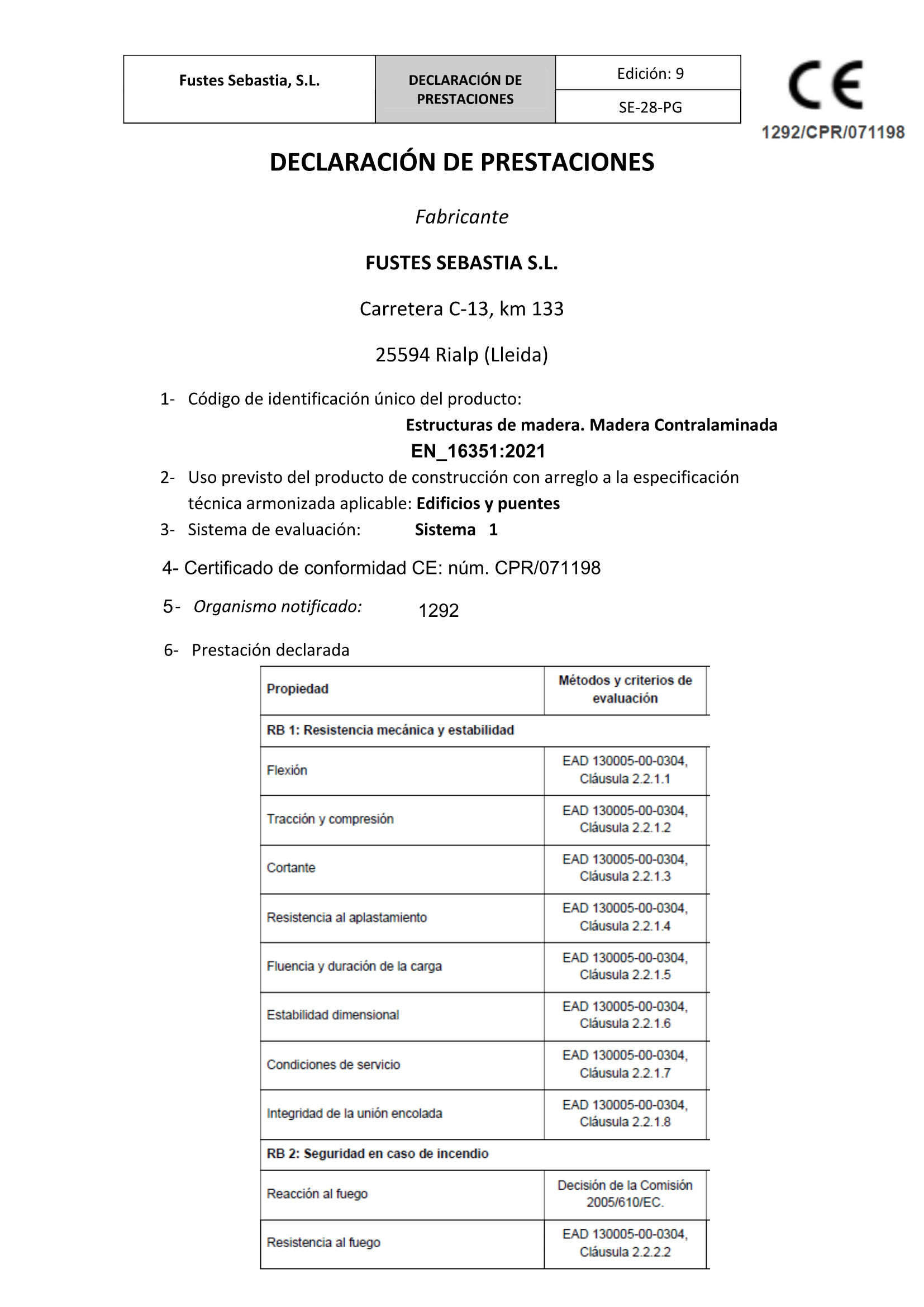 Declaración de Prestaciones de Vigas Estructurales Macizas