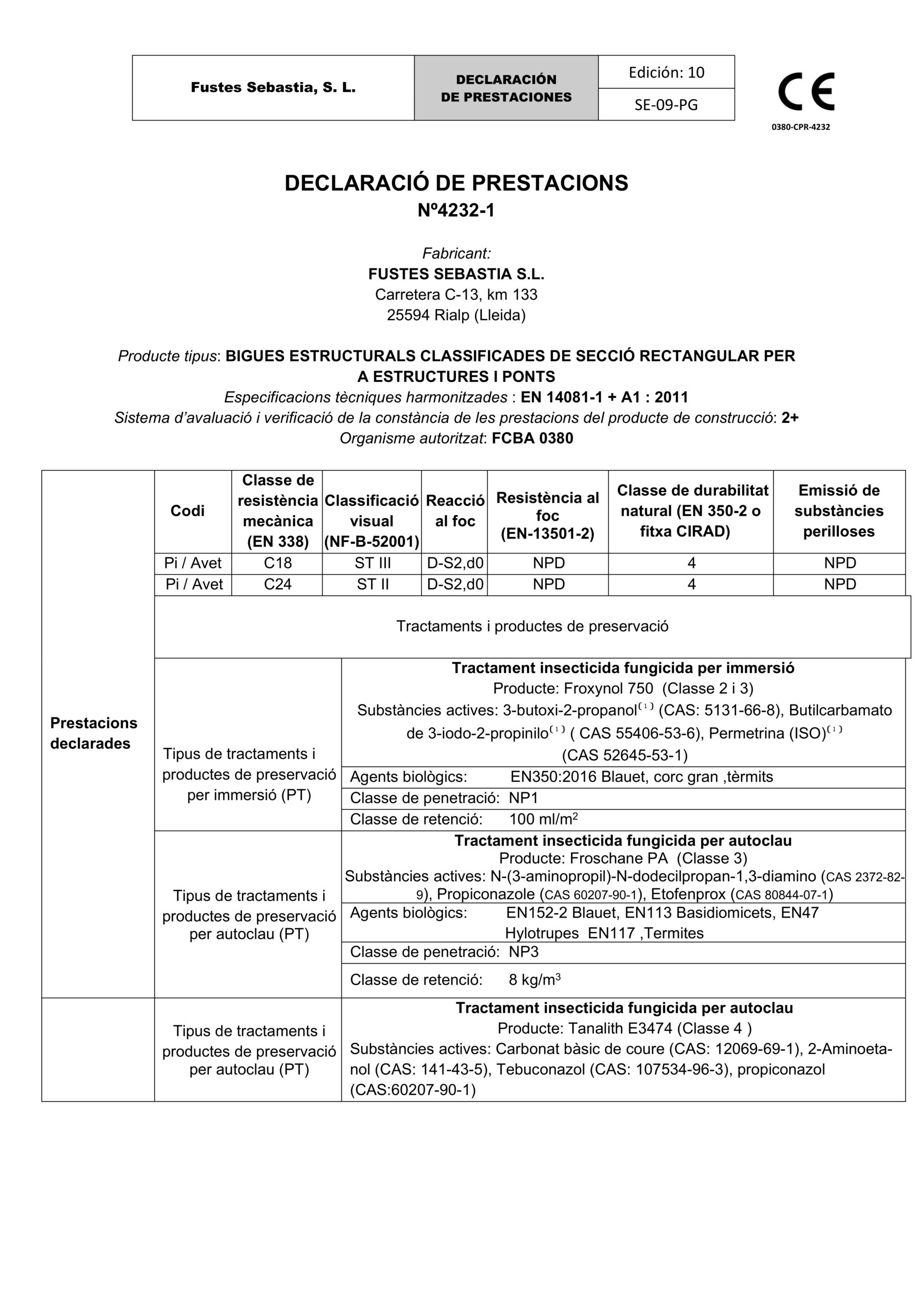 Declaración de Prestaciones de Vigas Estructurales Macizas